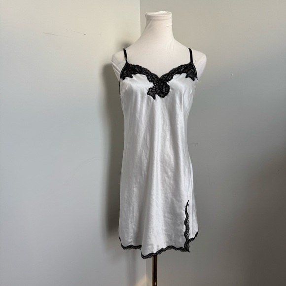 Vintage Silver Satin Slip Dress Black Lace Trim Whimsigoth Coquette Lingerie M - Picture 4 of 10